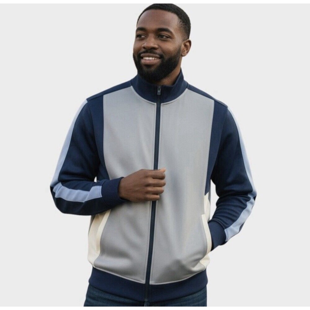 GSTQ Men’s Track Blue Color Block Jacket Sweater Travel Casual Active NWT NEW